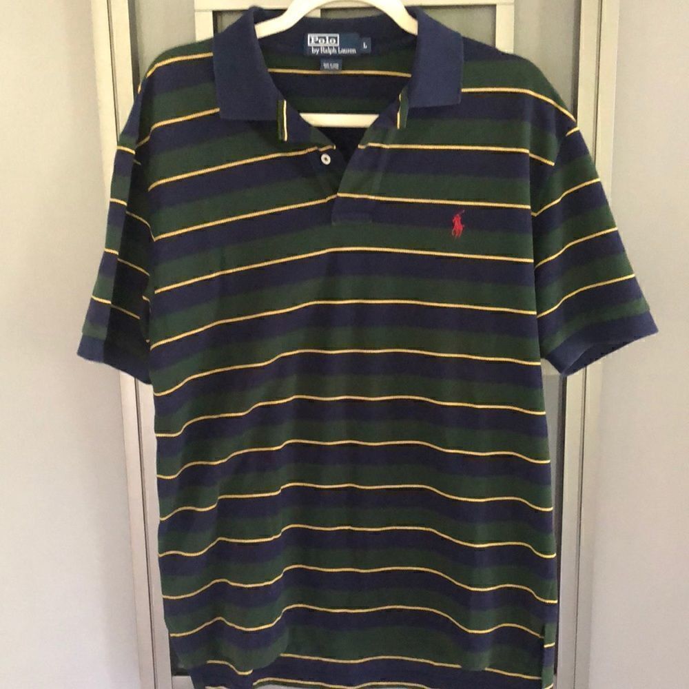 Vintage polo Ralph Lauren green and navy striped short sleeve shirt size l - Picture 1 of 6